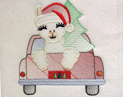 Light stitch Llama Alpaca on Red Truck Station wagon with Christmas tree machine embroidery designs