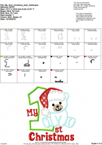 My 1st Christmas Teddy Bear With Santa Hat Applique Machine Embroidery Designs