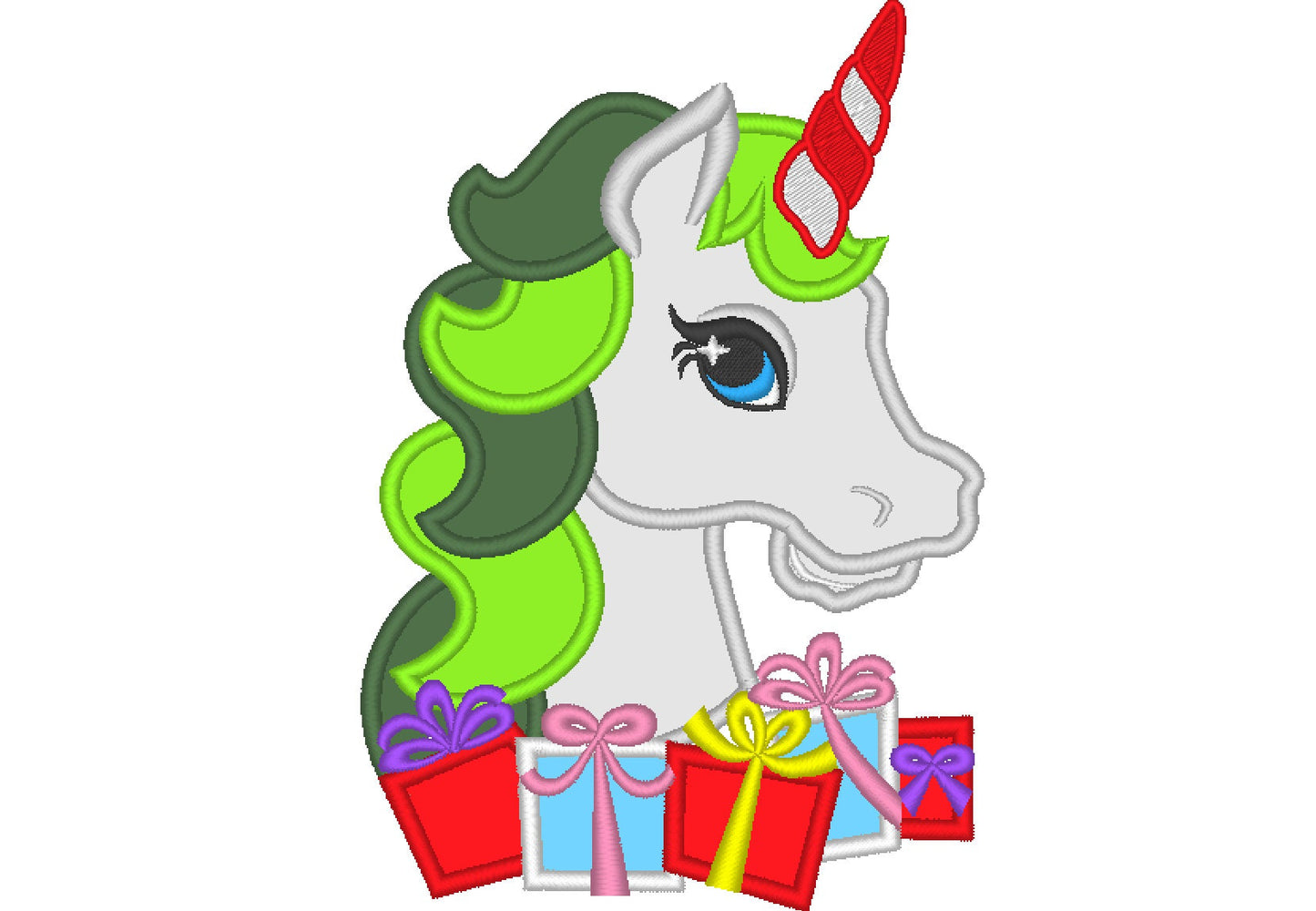 Christmas Unicorn head with gifts applique machine embroidery designs