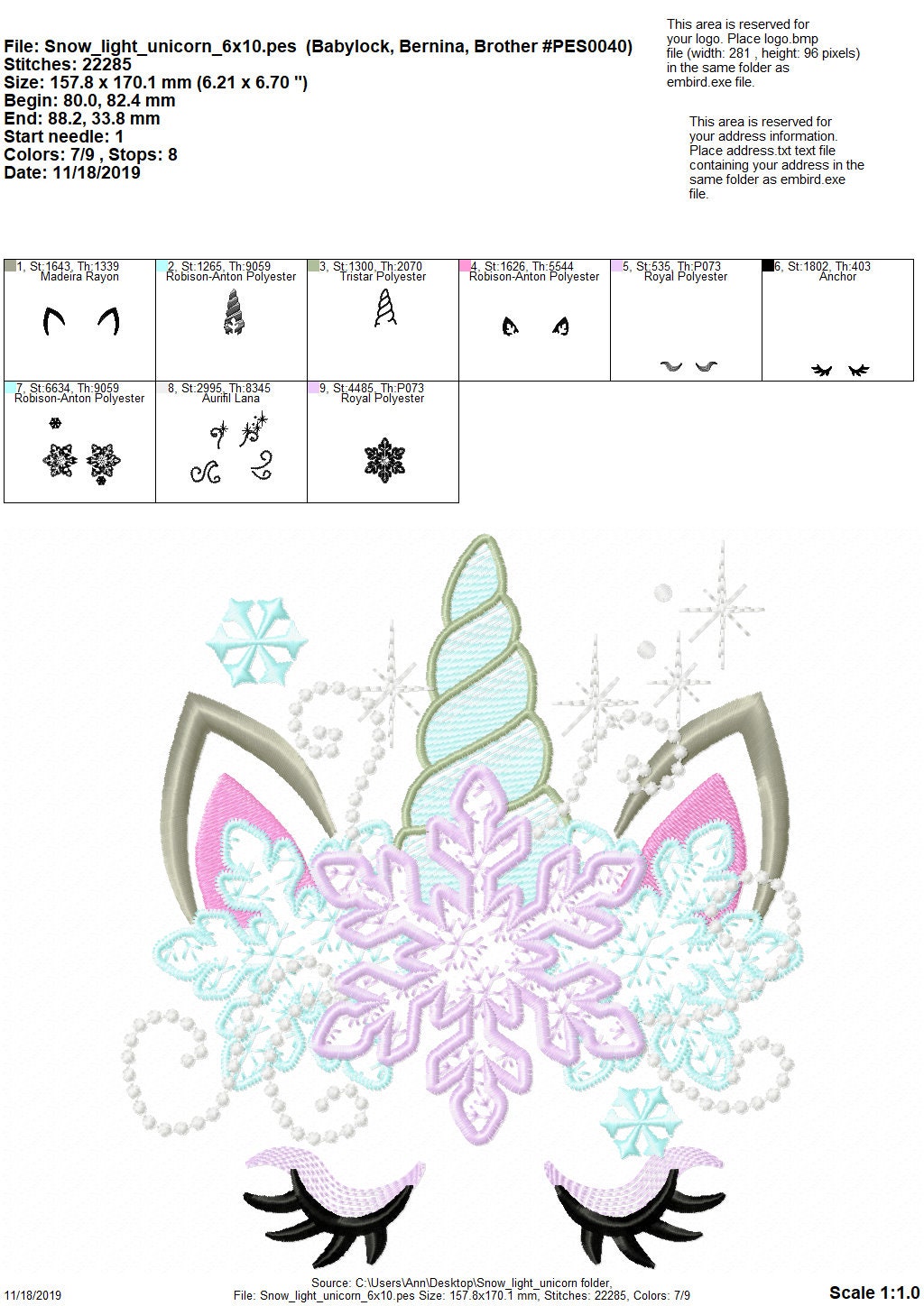 Frozen snowflake Christmas Unicorn head light stitch pretty eyes kids girls machine embroidery designs