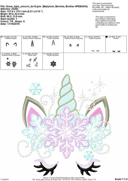 Frozen snowflake Christmas Unicorn head light stitch pretty eyes kids girls machine embroidery designs