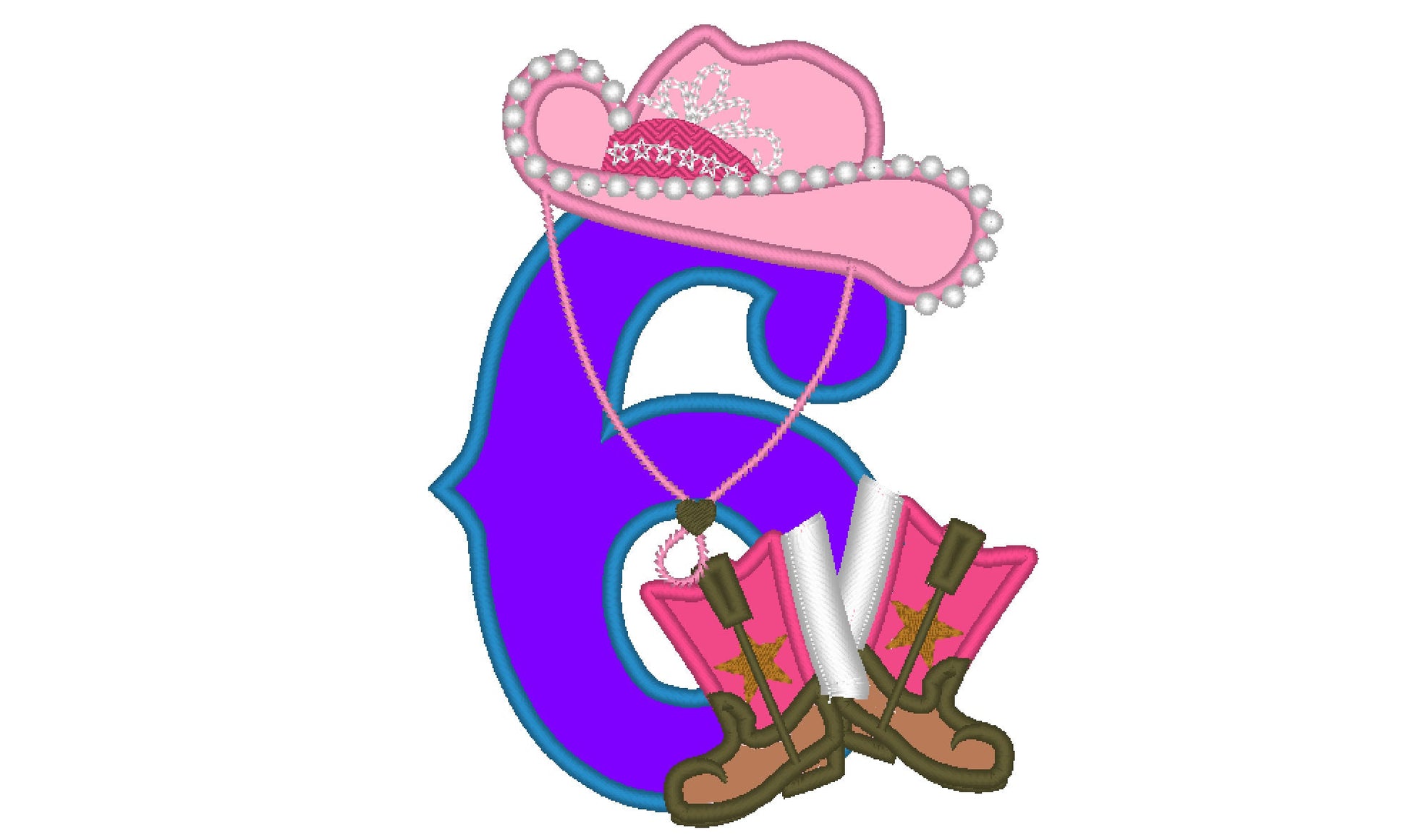 Girly Cowboy Cowgirl Birthday Number Six 6 applique machine embroidery designs