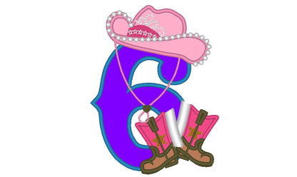 Girly Cowboy Cowgirl Birthday Number Six 6 applique machine embroidery designs