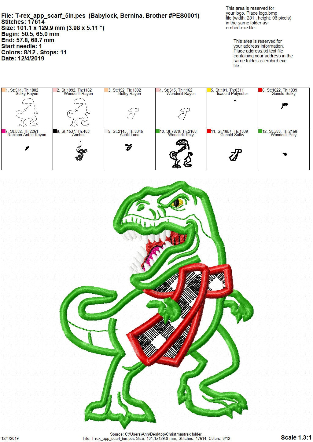 Plaid Checked Christmas scarf T-rex dinosaur  machine applique designs assorted sizes