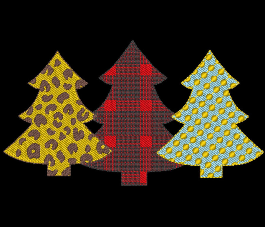 Plaid checked Polka dot Chevron Woodlands Tree Trio Fill stitch light  Triple embroidery design 3 Christmas tree in a row embroidery