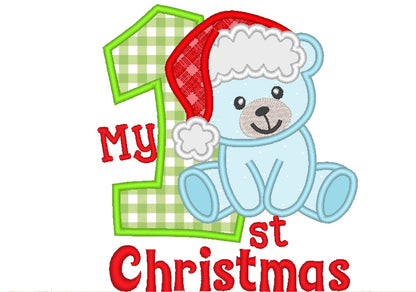 My 1st Christmas Teddy Bear With Santa Hat Applique Machine Embroidery Designs