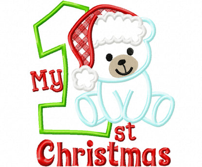 My 1st Christmas Teddy Bear With Santa Hat Applique Machine Embroidery Designs