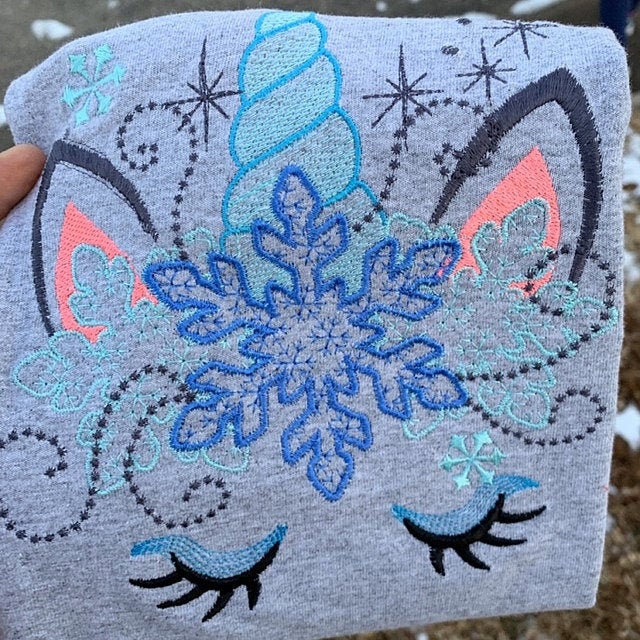 Frozen snowflake Christmas Unicorn head light stitch pretty eyes kids girls machine embroidery designs