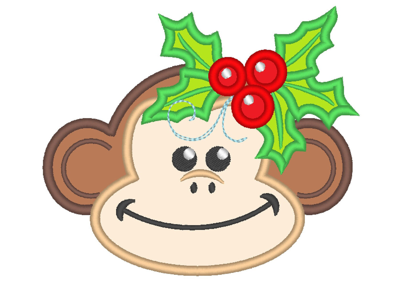 Cute Monkey Holly leaves crown applique Machine Embroidery Design Christmas monkey kids baby
