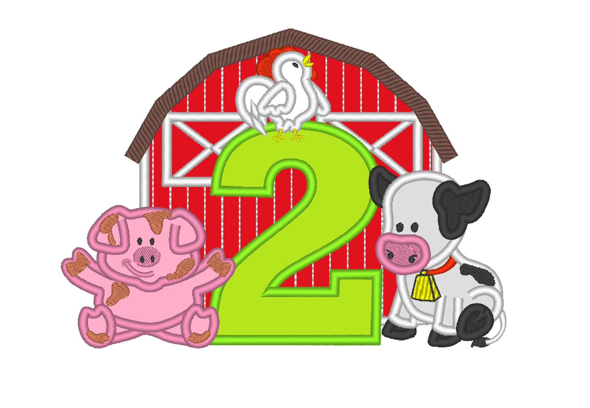 Farm Barn animals birthday number Two Applique Embroidery 7" 8" 9" 10" 5" 6" | PES DST JEF | Artapli
