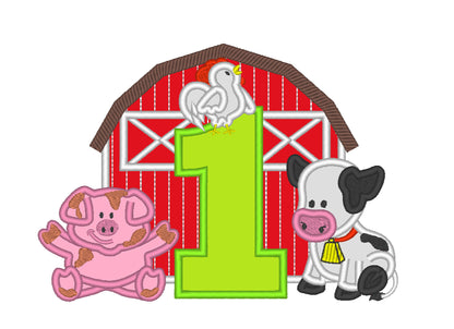 Farm Barn animals birthday number ONE 1 with barn cow pig rooster cute farm applique machine embroidery design 