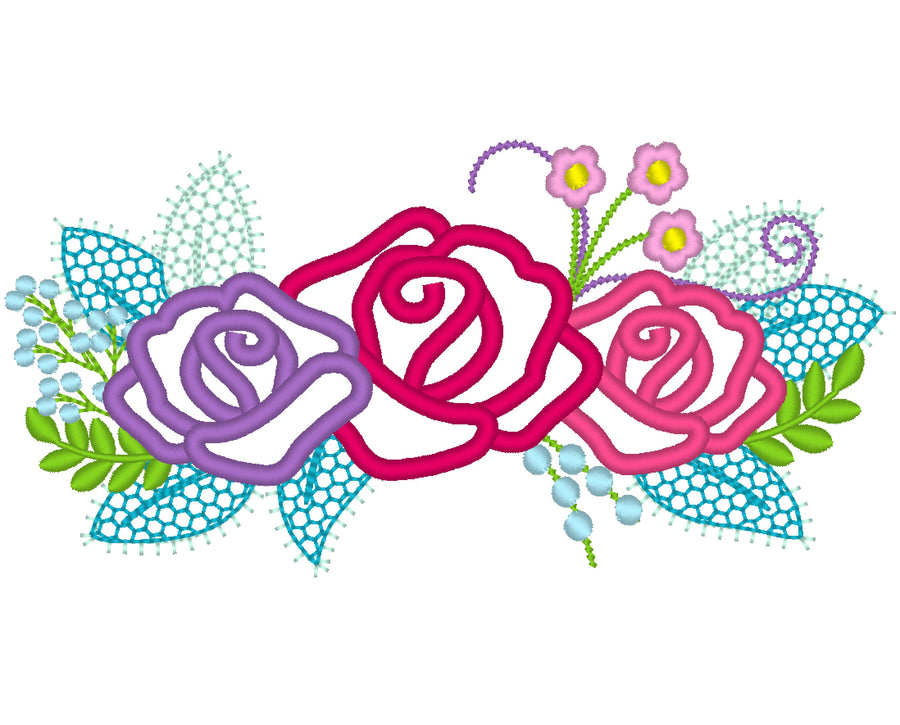 Three roses floral Bouque Machine Embroidery 5" 6" 7" 8" 9" 4" | PES DST JEF | Artapli