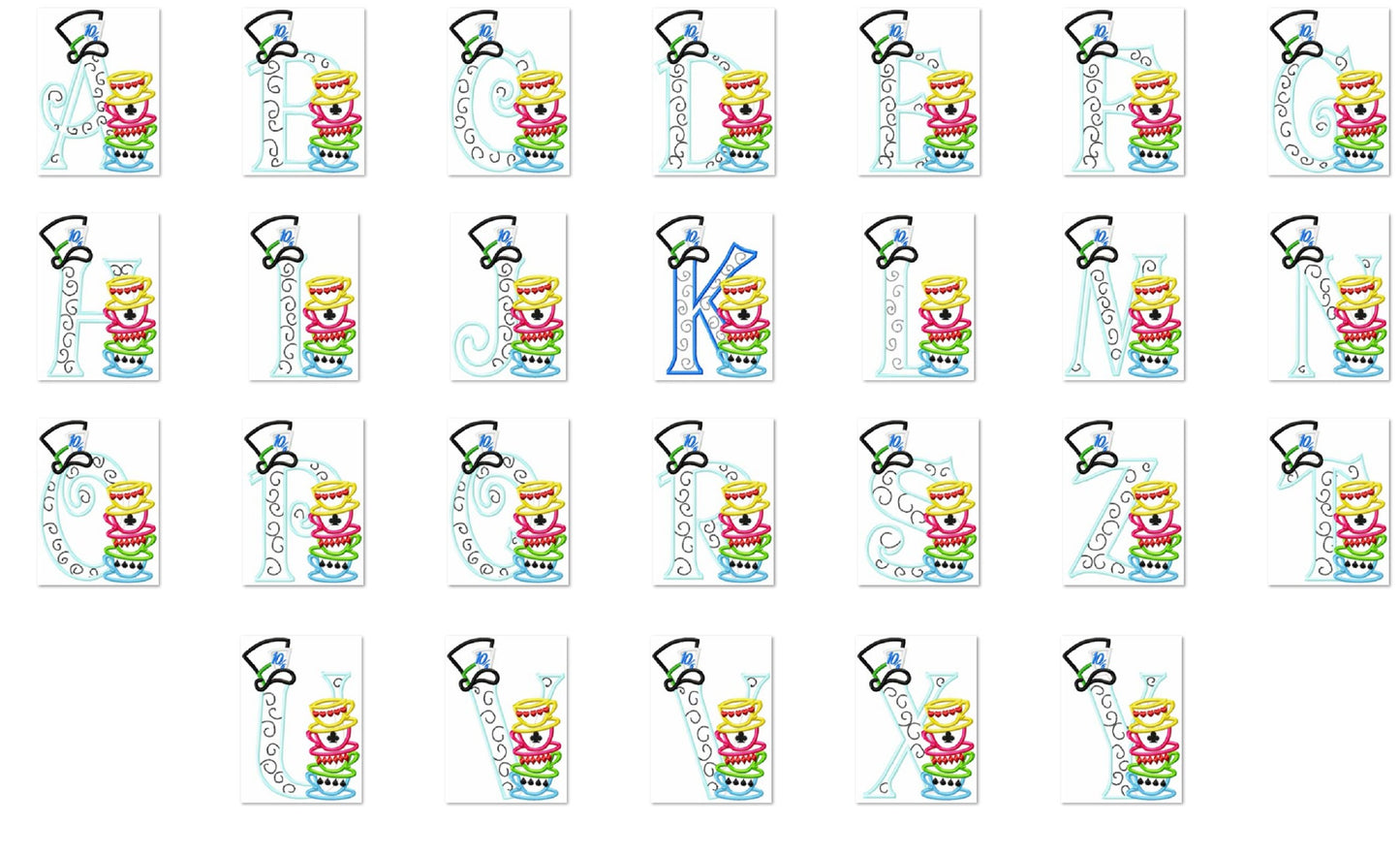 Mad hatter tea party entire alphabet – Kids embroidery pattern by Artapli
