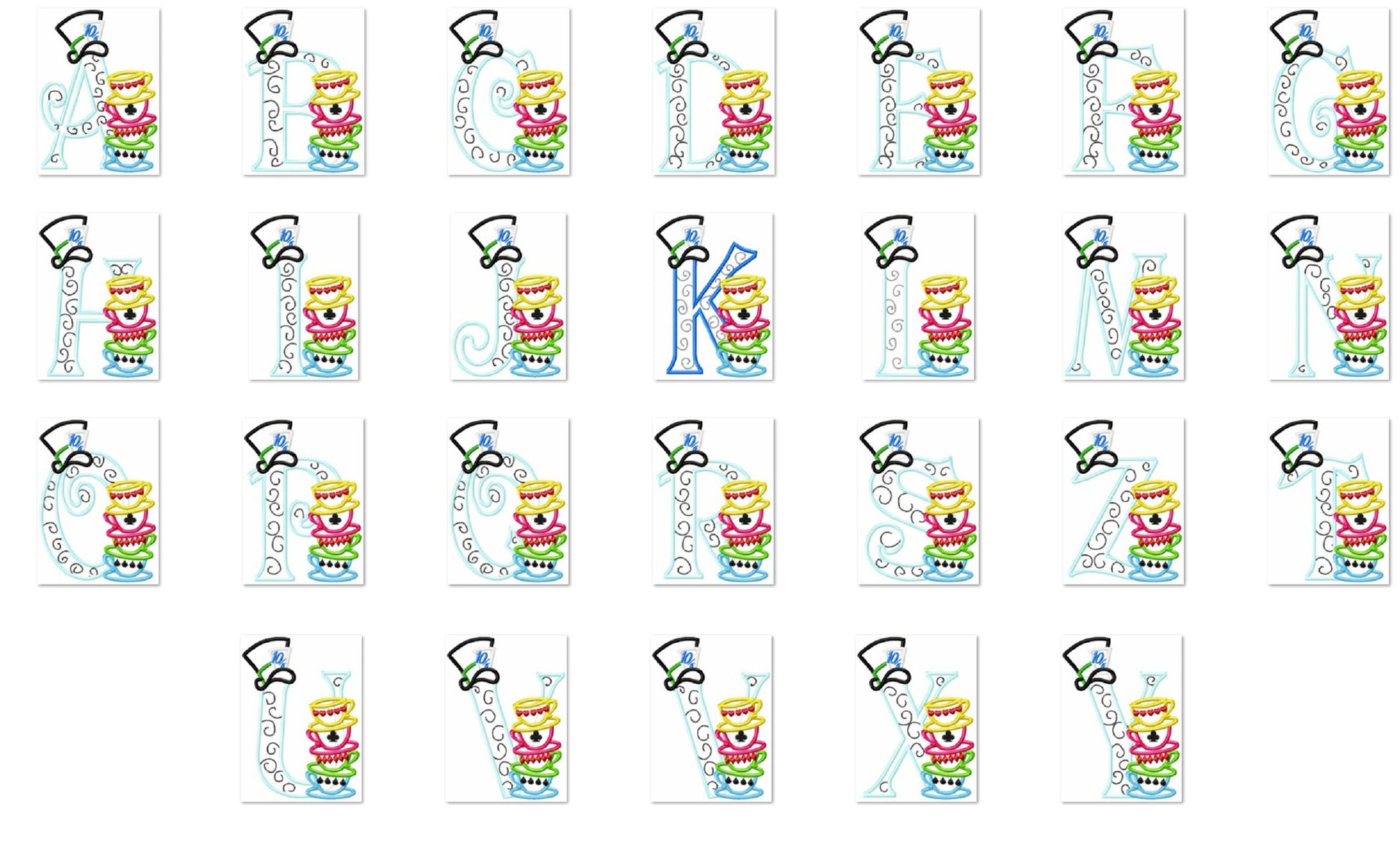Mad hatter tea party entire alphabet – Kids embroidery pattern by Artapli