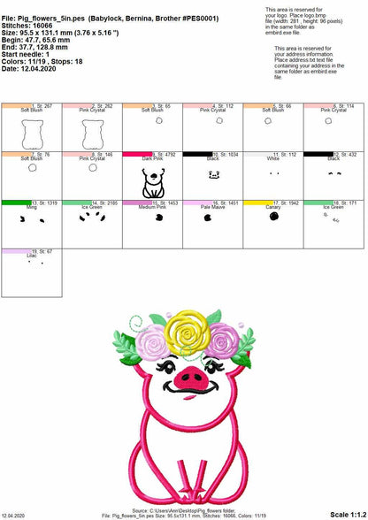 Piggie roses floral crown – Sizes 4" 5" 6" 7" 8" 9" Digital Embroidery File | Artapli