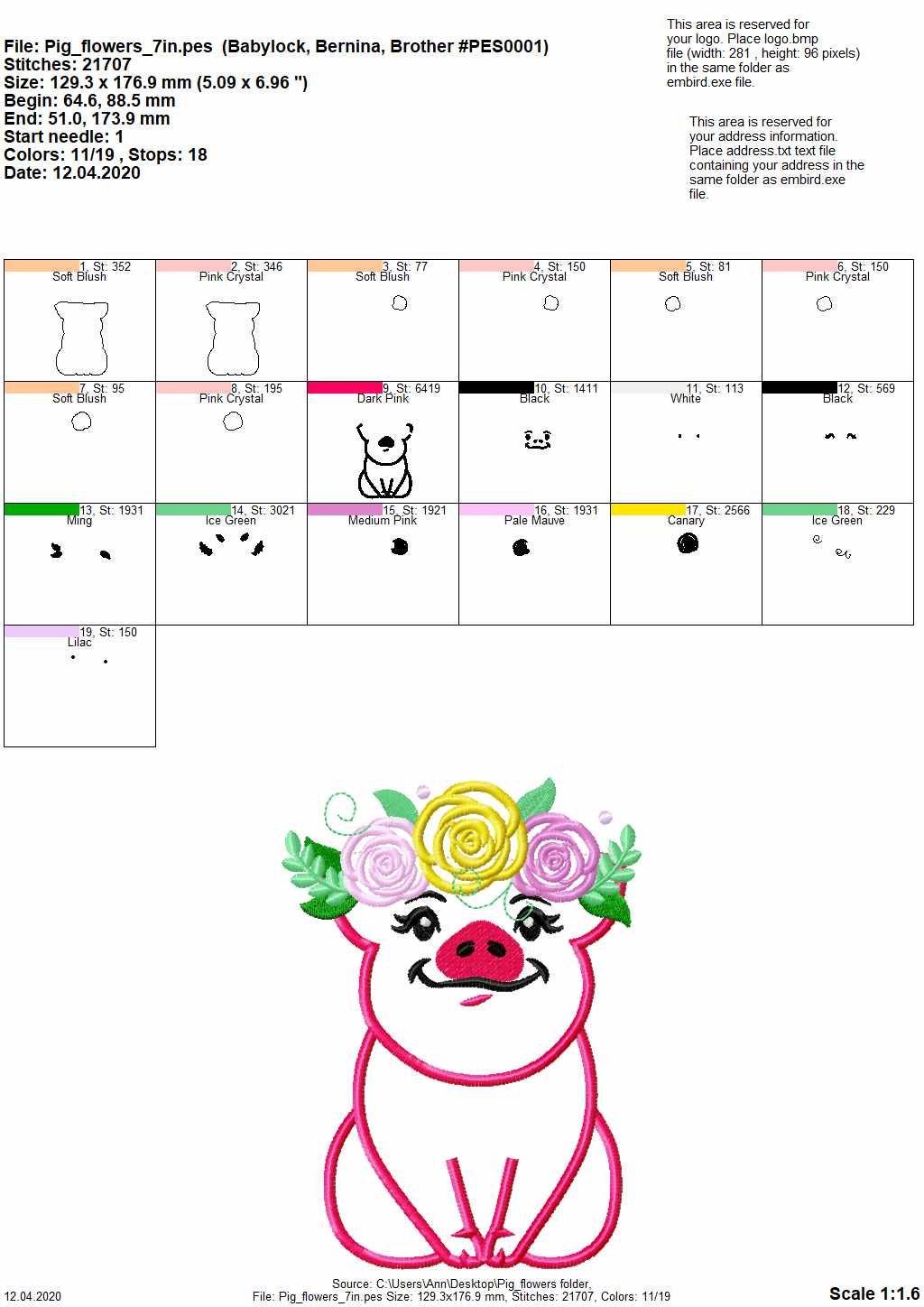 Piggie roses floral crown – Animal machine embroidery design by Artapli