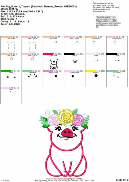 Piggie roses floral crown – Animal machine embroidery design by Artapli