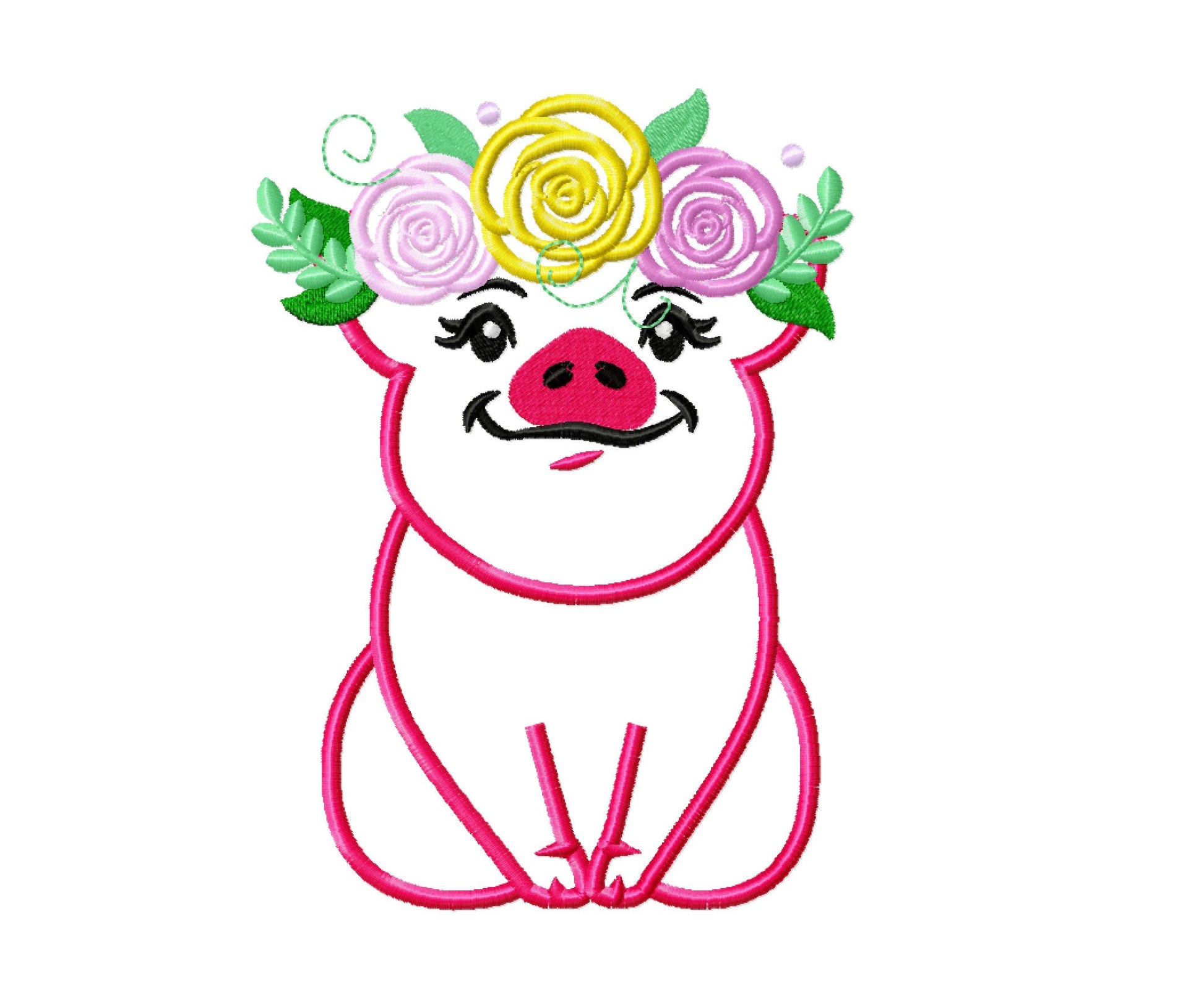 Piggie roses floral crown Applique Embroidery 4" 5" 6" 7" 8" 9" | PES DST JEF | Artapli