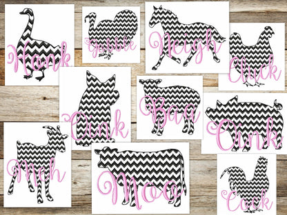 Farm Fresh Chevron light stitch farm animals oink Machine Embroidery 4" 5" 6" 7" 8" 10" | PES DST JEF | Artapli