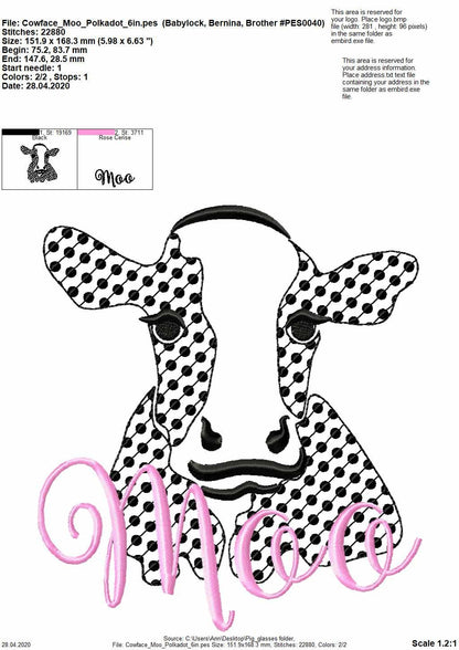 Polka dot cow face – Animal machine embroidery design by Artapli