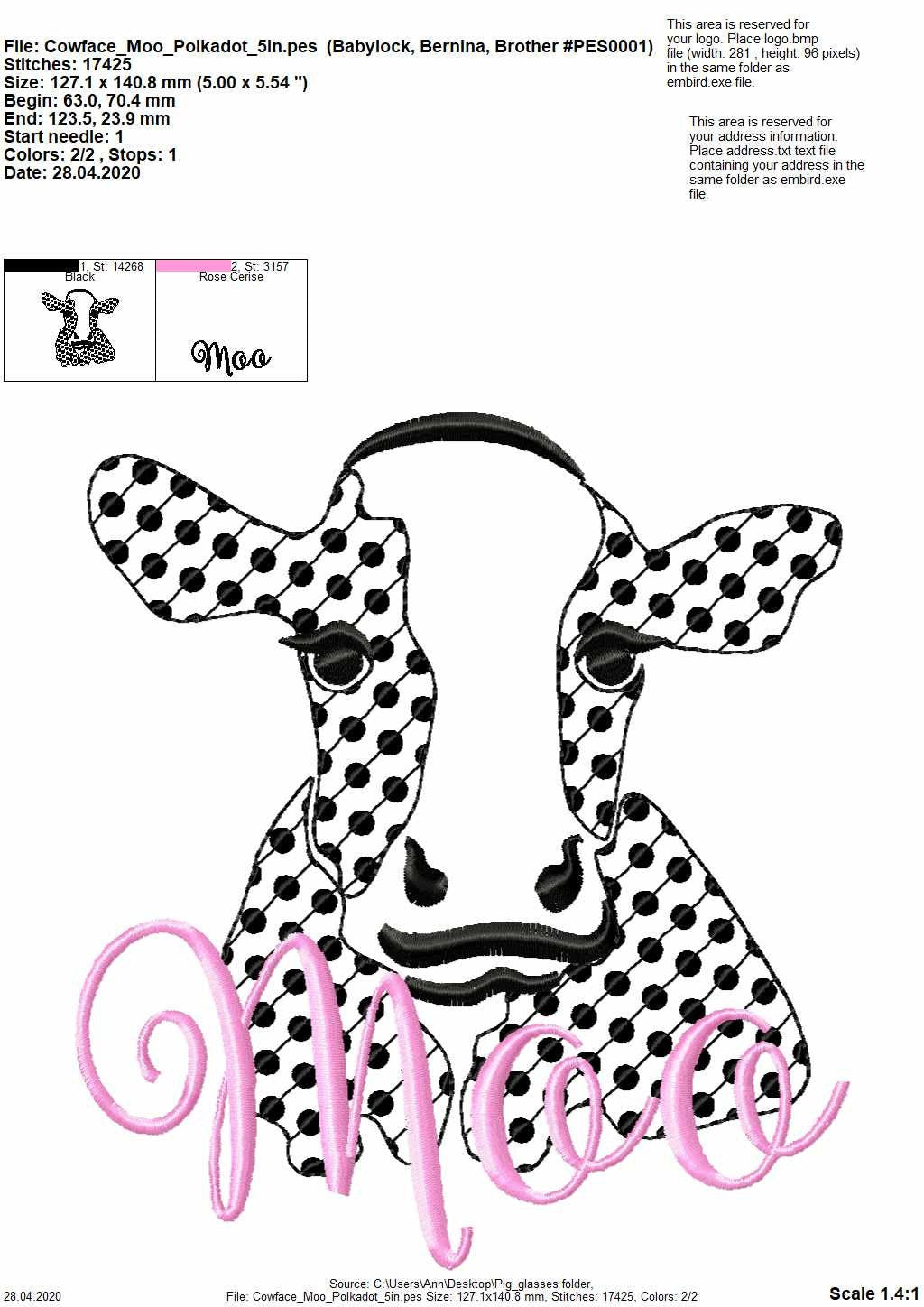 Polka dot cow face – Sizes 4" 5" 6" 7" 10" Digital Embroidery File | Artapli