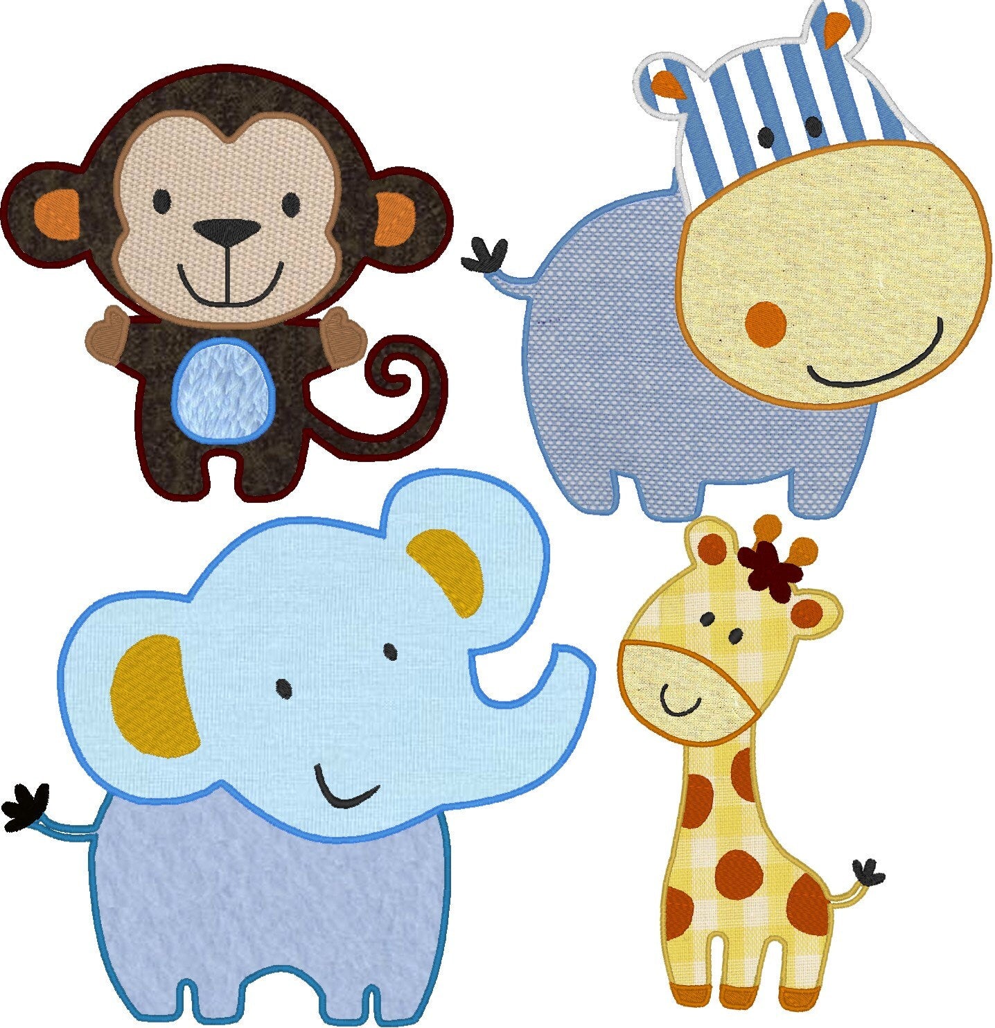 Wild animal Set of 4 Baby Elephant Monkey Giraffe Behemoth Hippo applique machine embroidery designs