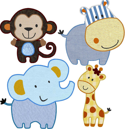 Wild animal Set of 4 Baby Elephant Monkey Giraffe Behemoth Hippo applique machine embroidery designs