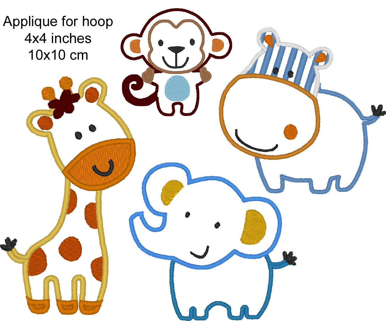 Wild animal Set of 4 Baby Elephant Monkey Giraffe Behemoth Hippo applique machine embroidery designs