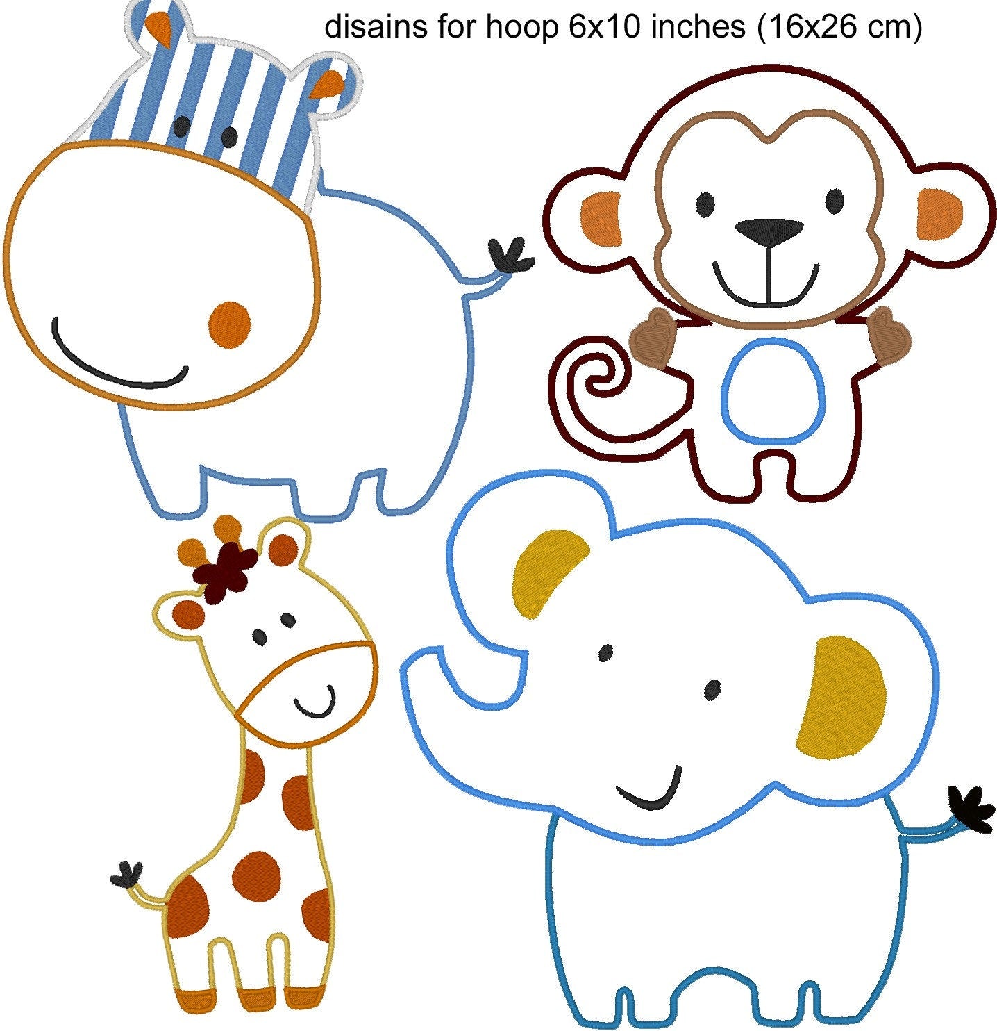 Wild animal Set of 4 Baby Elephant Monkey Giraffe Behemoth Hippo applique machine embroidery designs