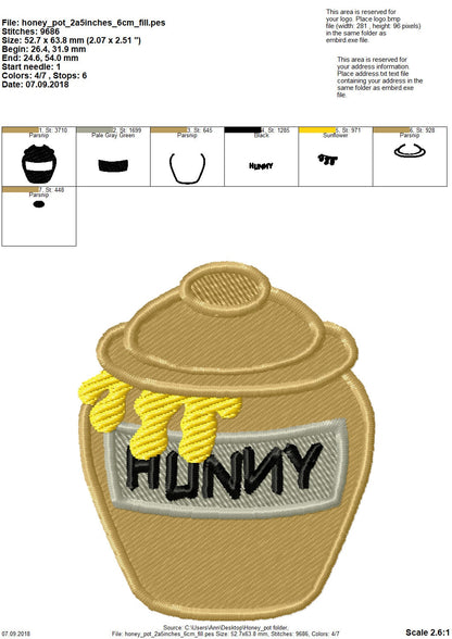 Honey Pot winnie the pooh kitchen fill stitch and applique machine embroidery designs