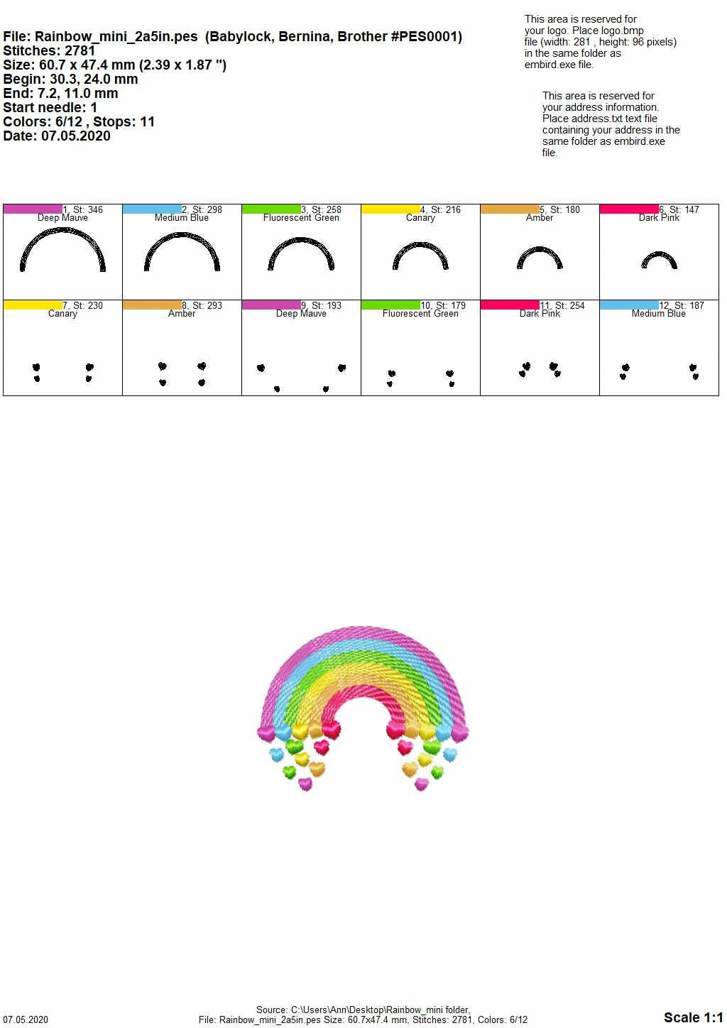 MINI Rainbow with falling hearts – Sizes 2" 2.5" 3" 3.5" 4" Digital Embroidery File | Artapli