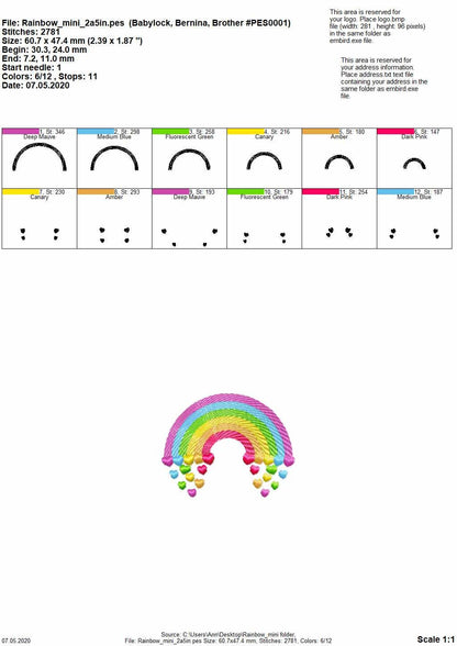 MINI Rainbow with falling hearts – Sizes 2" 2.5" 3" 3.5" 4" Digital Embroidery File | Artapli