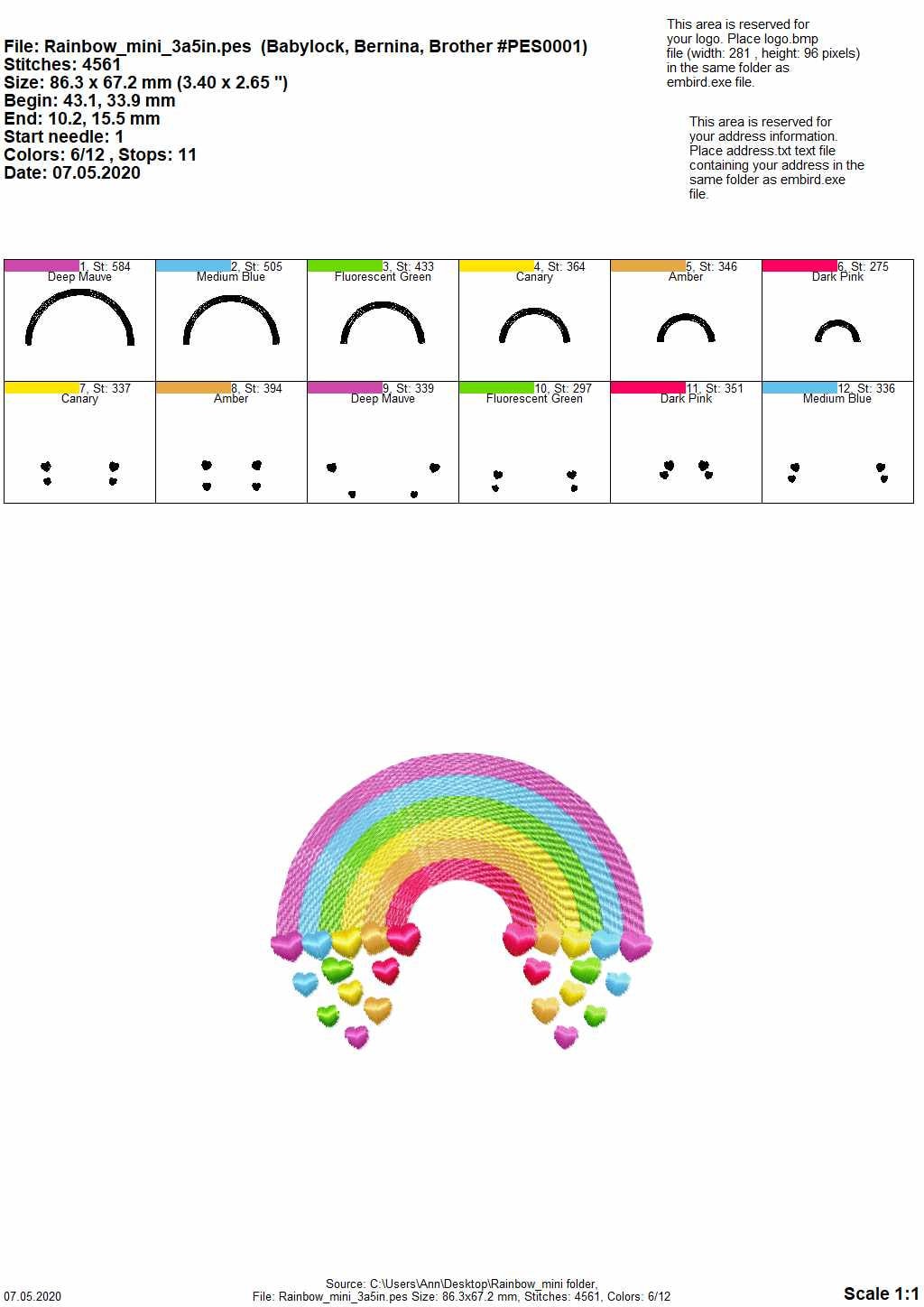 MINI Rainbow with falling hearts – Baby machine embroidery design by Artapli