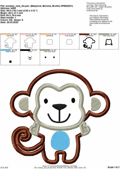 Wild animal - Monkey – Sizes 4" 4.5" 5" 6" 7" 8" Digital Embroidery File | Artapli