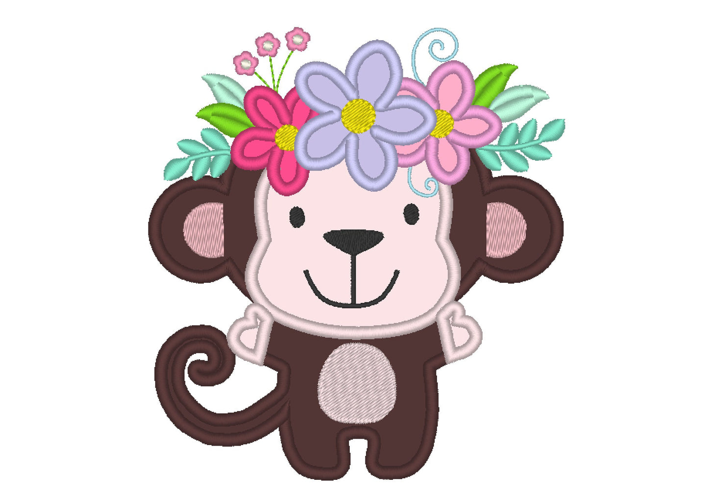 Monkey with Floral Crown Applique Embroidery 4" 5" 6" 7" 8" 10" | PES DST JEF | Artapli