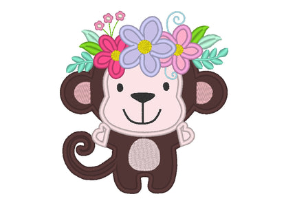 Monkey with Floral Crown Applique Embroidery 4" 5" 6" 7" 8" 10" | PES DST JEF | Artapli