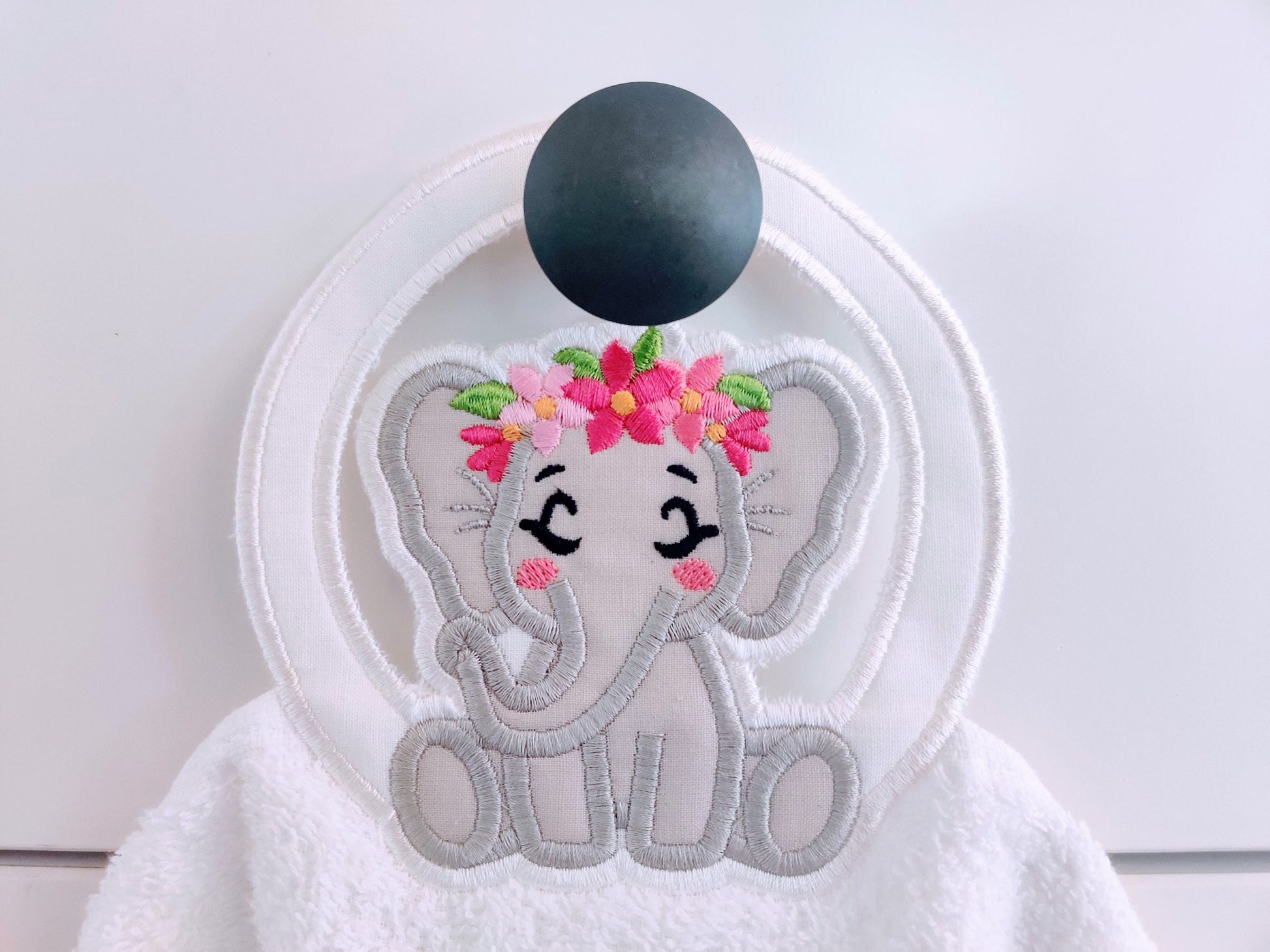Elephant with flowers elephant floral crown towel hanging hole topper In The Hoop machine embroidery designs ITH project Towel topper hanger