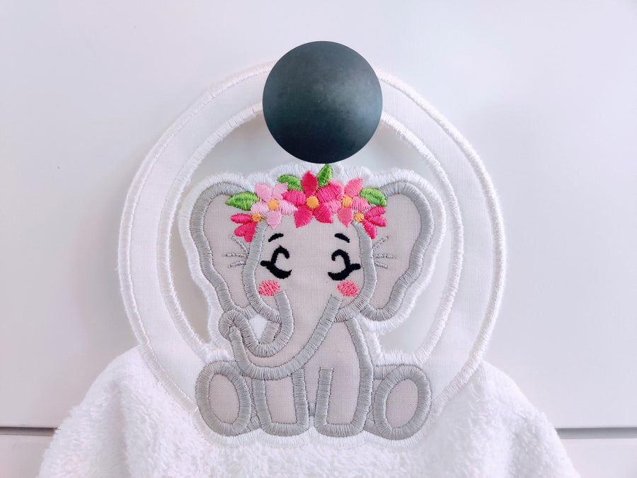 Elephant with flowers elephant floral crown towel hanging hole topper In The Hoop machine embroidery designs ITH project Towel topper hanger