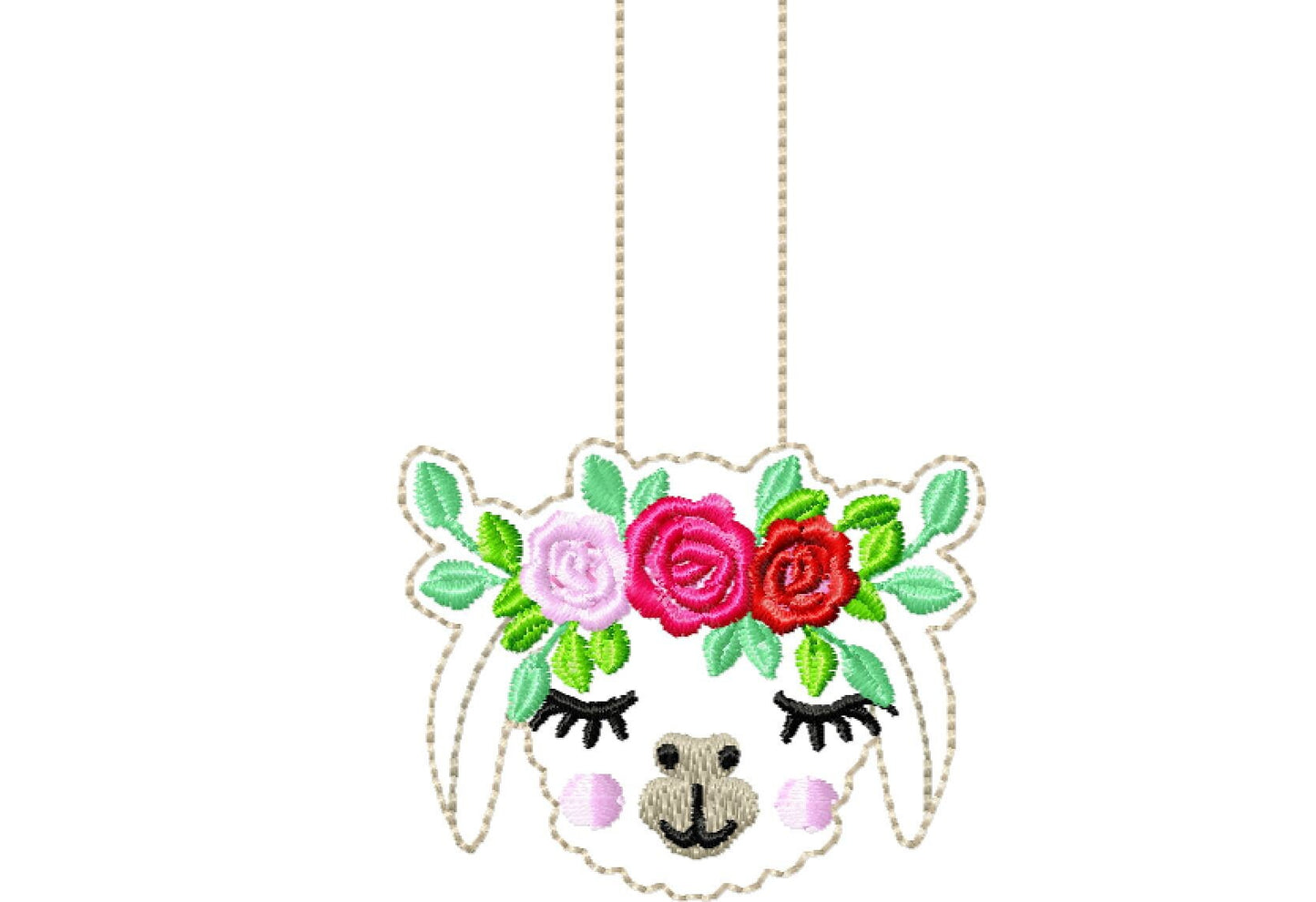 Roses Floral crown llama head, alpaca head with flowers ITH key fob machine embroidery design, snap tab keyfob feltie in the hoop embroidery