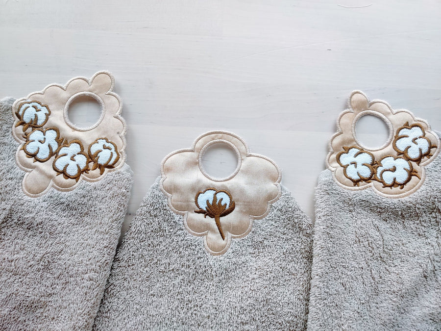 Cotton Flower towel topper hanging hole SET of 3 types In The Hoop machine embroidery designs ITH project Towel hanger for hoop 4x4 and 5x7