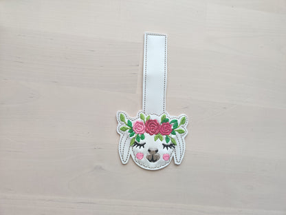 Roses Floral crown llama head, alpaca head with flowers ITH key fob machine embroidery design, snap tab keyfob feltie in the hoop embroidery