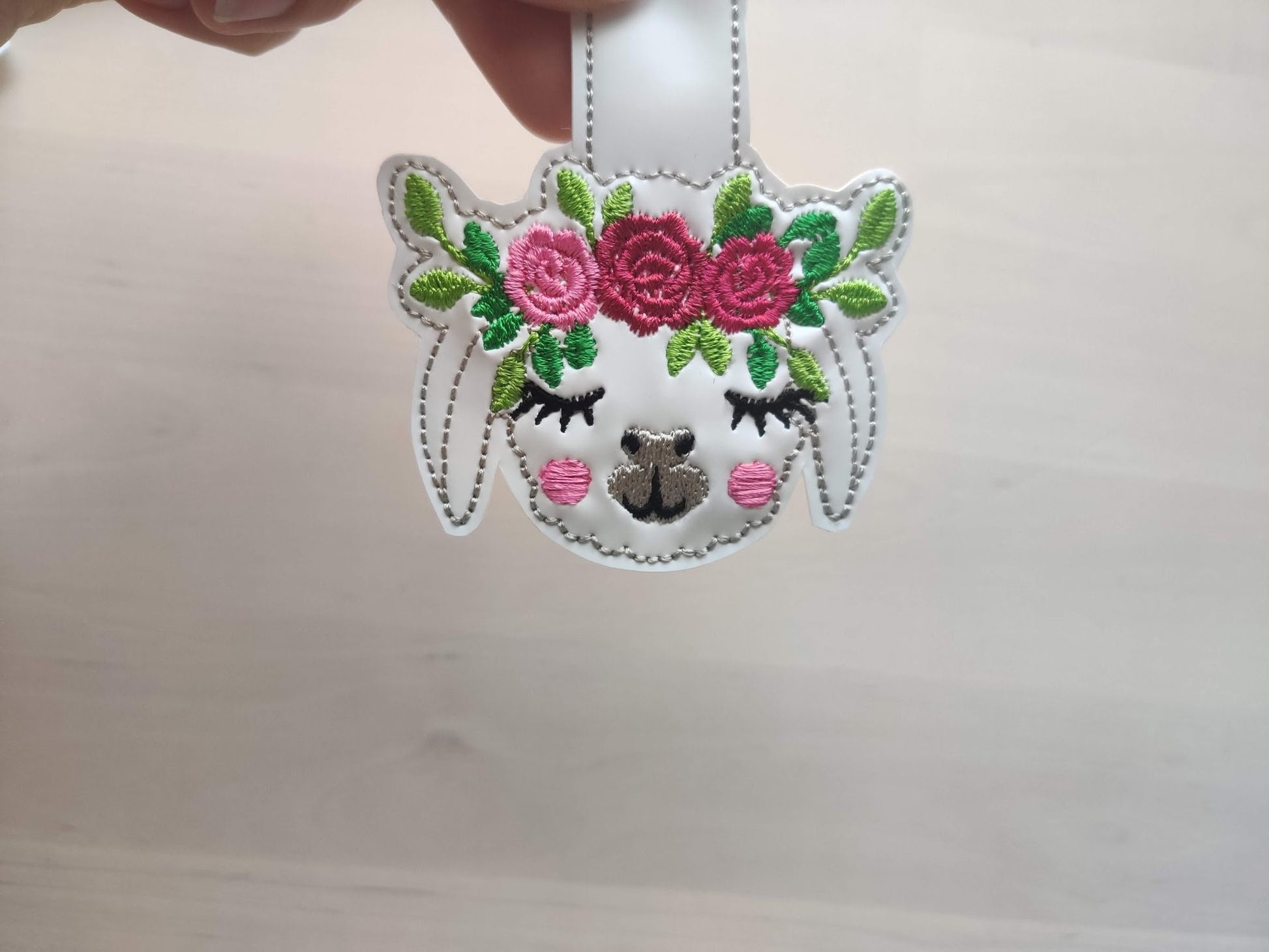 Roses Floral crown llama head, alpaca head with flowers ITH key fob machine embroidery design, snap tab keyfob feltie in the hoop embroidery