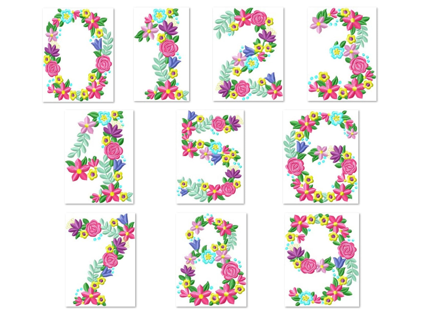 Country Floral Numbers Set 0-9 Machine Embroidery 3.5" 4" 5" 6" 8" 7" | PES DST JEF | Artapli