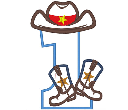 Cowboy Birthday number ONE 1 kicking boots number 1 machine embroidery applique designs for hoop 5x7
