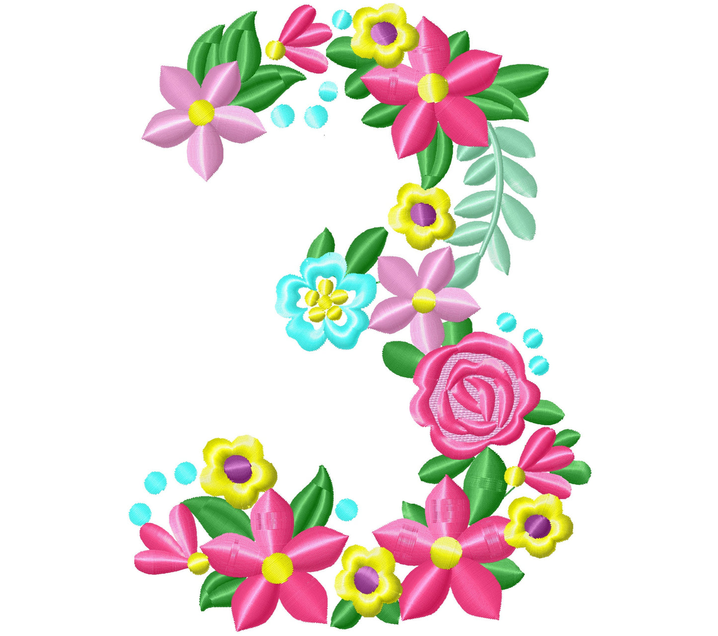 Floral letter Birthday number THREE flowers liberty fashioned flowers Font machine embroidery design number 3 only 4, 5, 6, 7, 8 in