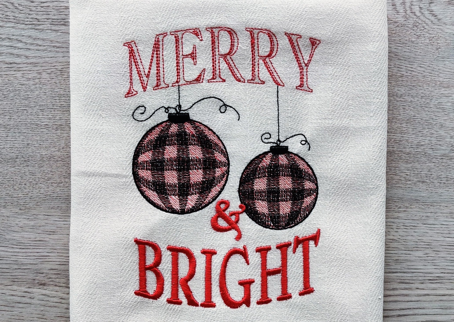 Merry and Bright Christmas saying Gingham Old Fashioned Kitchen Dish Towel Quote Machine Embroidery Designs