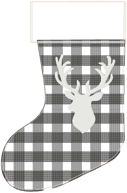 Buck Deer Gingham Plaid 2 Types Christmas Stockings With Cuff Advent Socks in the Hoop ITH Machine Embroidery Designs Quilted