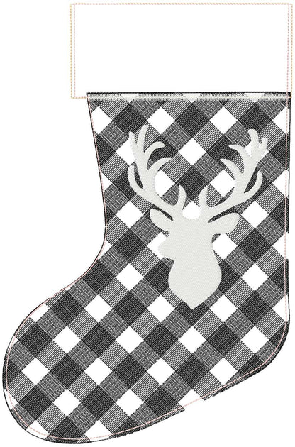Buck Deer Gingham Plaid 2 Types Christmas Stockings With Cuff Advent Socks in the Hoop ITH Machine Embroidery Designs Quilted