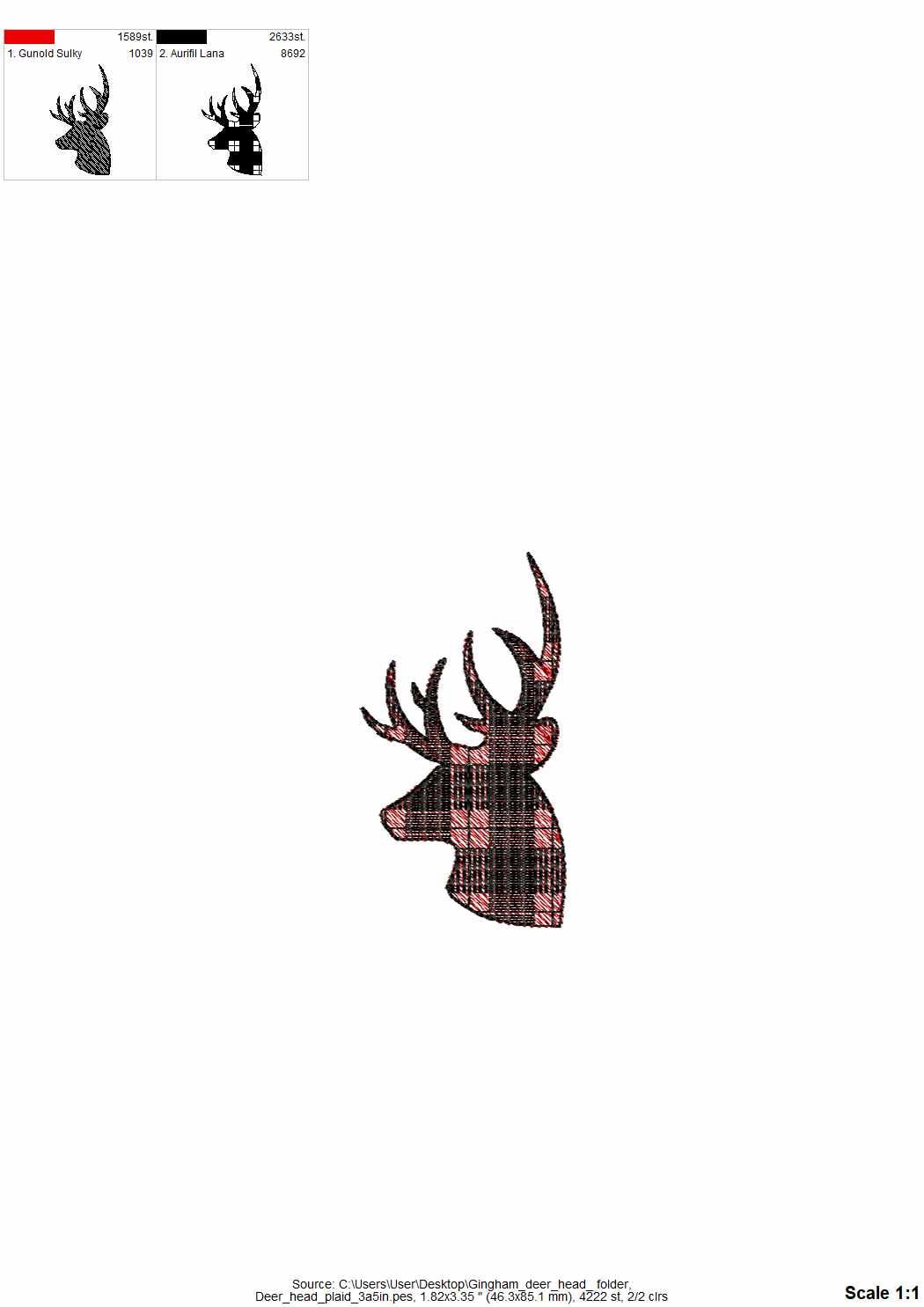 Plaid gingham print Buck Deer head silhouette antlers animal portrait, Machine embroidery designs