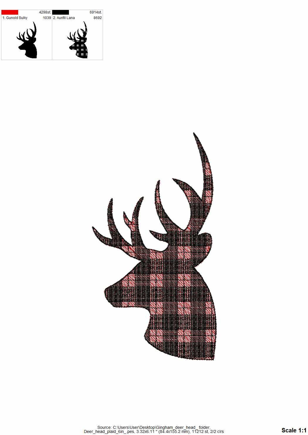 Plaid gingham print Buck Deer head silhouette antlers animal portrait, Machine embroidery designs